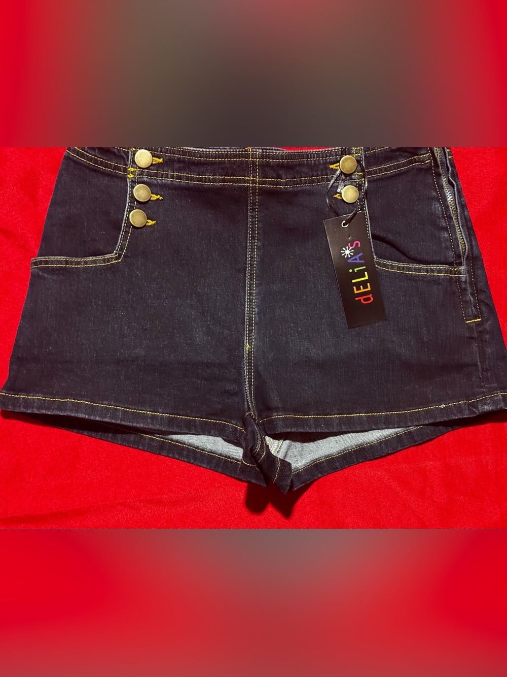 dELiA*s Dark Blue Denim High-Rise Shorts with Brass Buttons